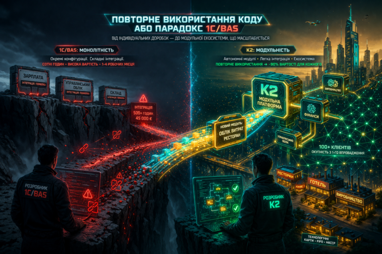 Повторне використання коду, або парадокс 1С/BAS + WMS/CRM/ТОІР: екосистема K2 ERP для росту