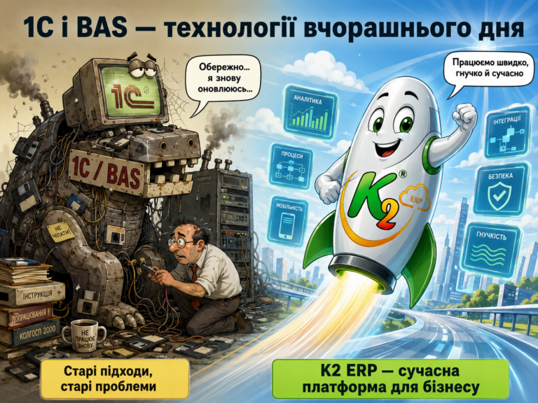 1С нагадує наші технології 20-річної давнини. Ба більше + WMS/CRM/ТОІР: екосистема K2 ERP для росту