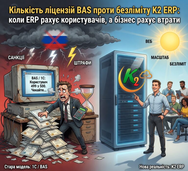 Кількість ліцензій BAS проти безліміту K2 ERP + WMS/CRM/ТОІР: екосистема K2 ERP для росту