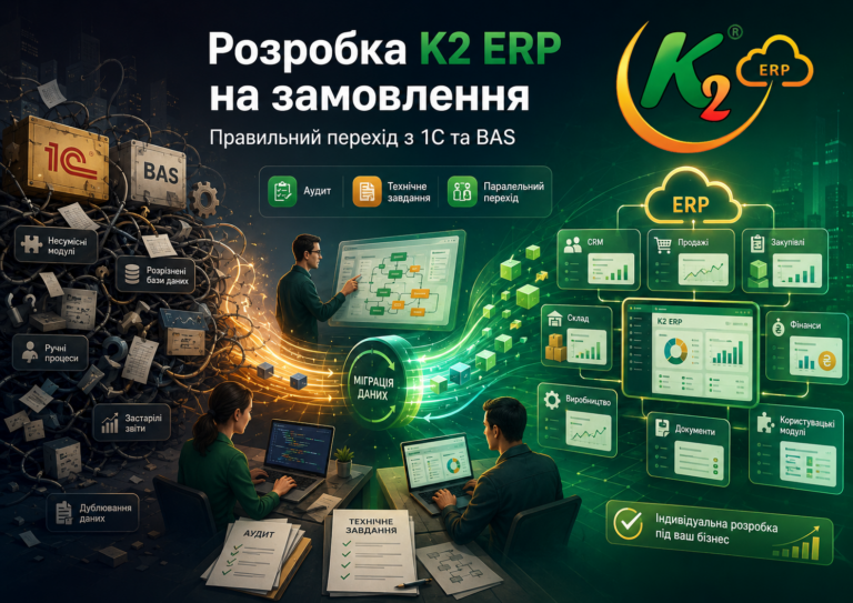 Розробка K2 ERP на замовлення + WMS/CRM/ТОІР: екосистема K2 ERP для росту