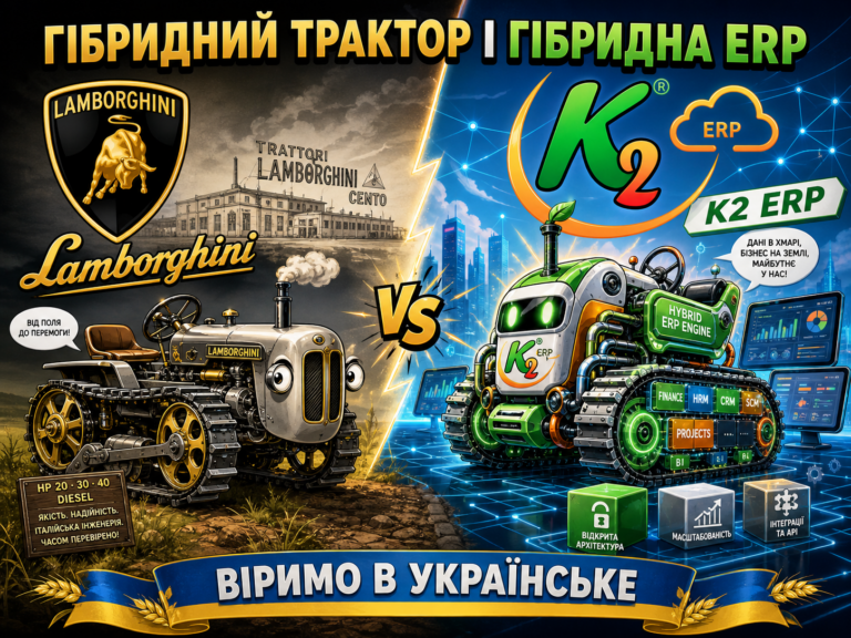 Гібридний трактор Lamborghini і гібридна ERP K2 + WMS/CRM/ТОІР: екосистема K2 ERP для росту